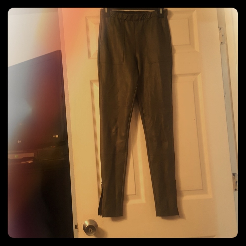Army green leather leggings